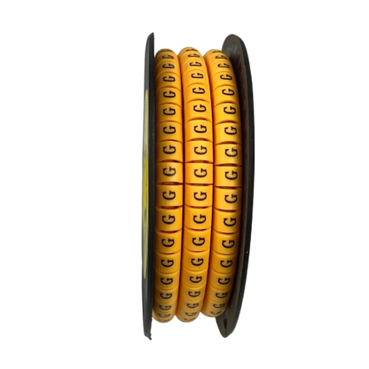 Grippes spool of yellow ring cable markers with repeated G print for wire identification Cable Marker G - Yellow
