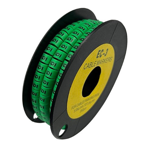 Spool of numbered green cable rings for wire identification Cable Marker Green-6 on black plastic reel