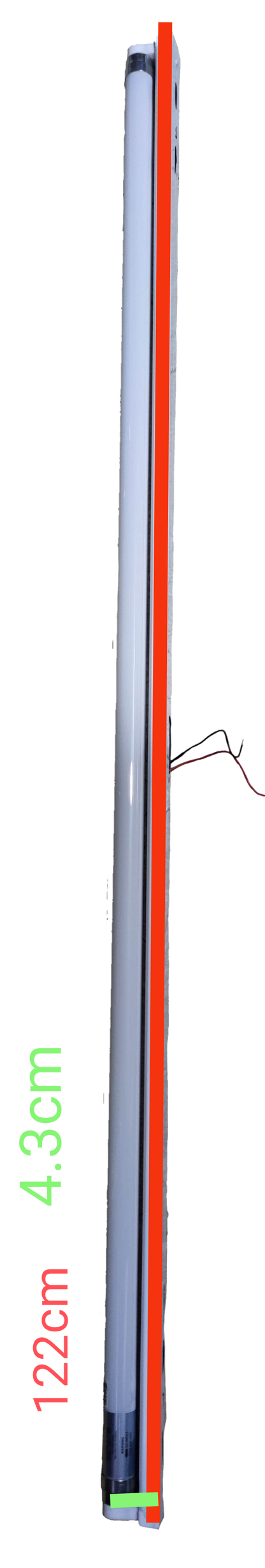 Ecolum 18W LED fluorescent tube with fixture measuring 122cm length and 4.3cm diameter