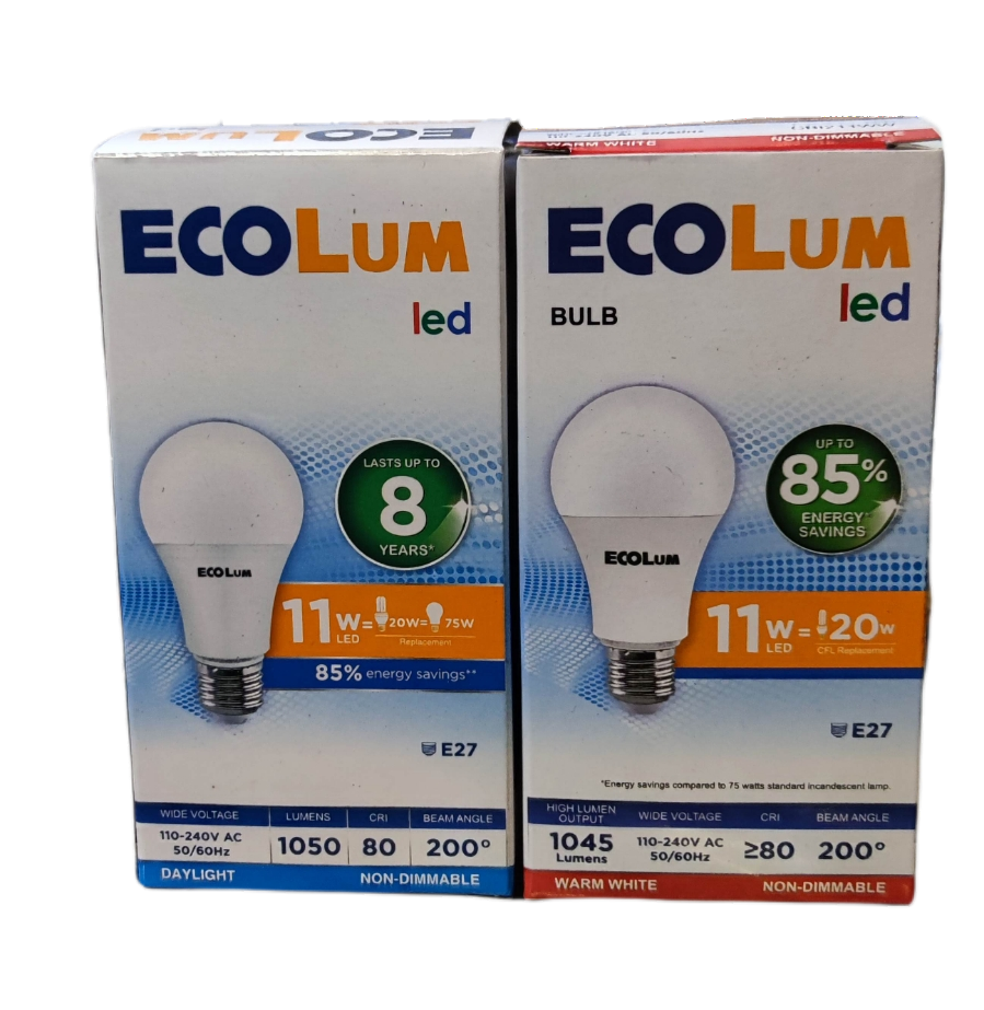 Ecolum 11W LED bulb E27 220V packaging, showcasing Daylight and Warm White options with energy savings features