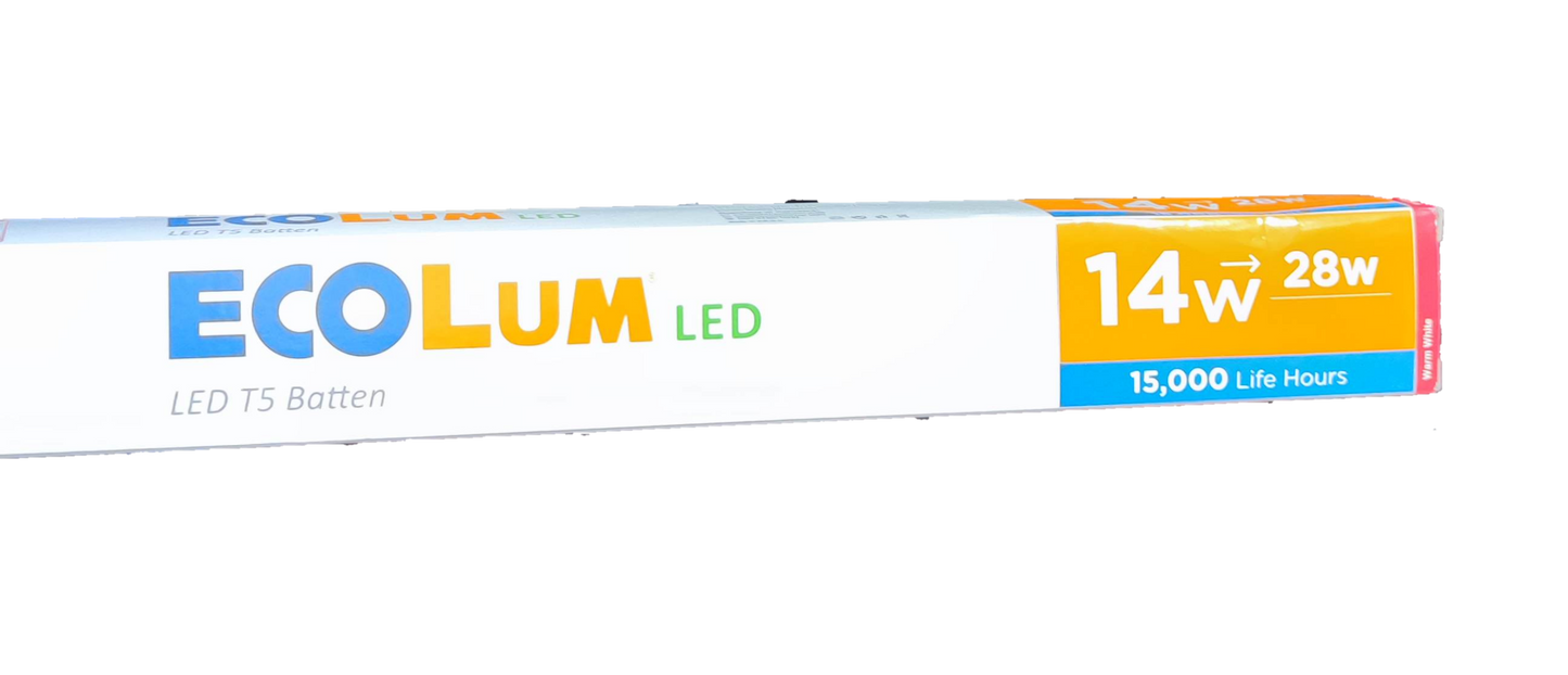 Ecolum 14W T5 LED batten 220V 3000K packaging showcasing energy-efficient lighting features