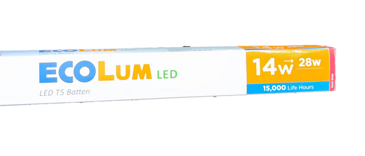 Ecolum 14W T5 LED batten 220V 3000K packaging showcasing energy-efficient lighting features