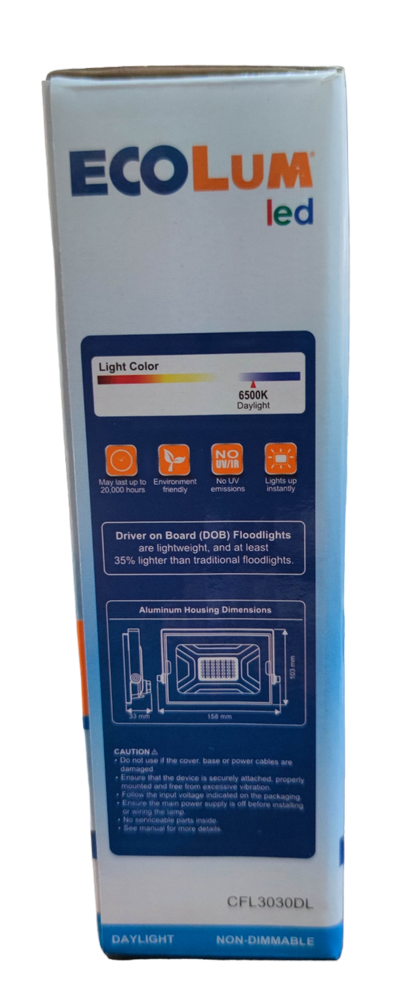 Ecolum 30W LED flood light daylight packaging showcasing features and specifications for outdoor lighting
