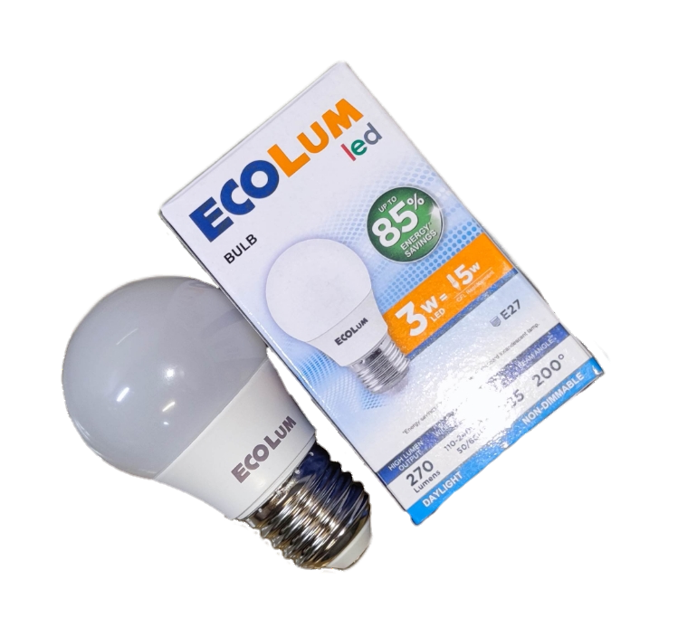 Ecolum 3W LED bulb E27 220V with energy saving and daylight light output shown with packaging