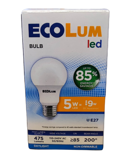 Ecolum 5W LED bulb E27 daylight with energy saving and 475 lumens output in retail packaging