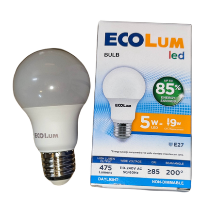 Ecolum 5W LED bulb E27 daylight with energy saving and 475 lumens output shown with packaging