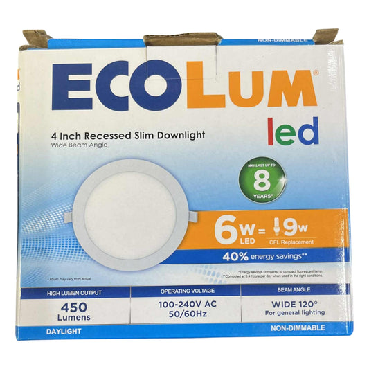 Ecolum LED recessed light fixture packaging on a white background
