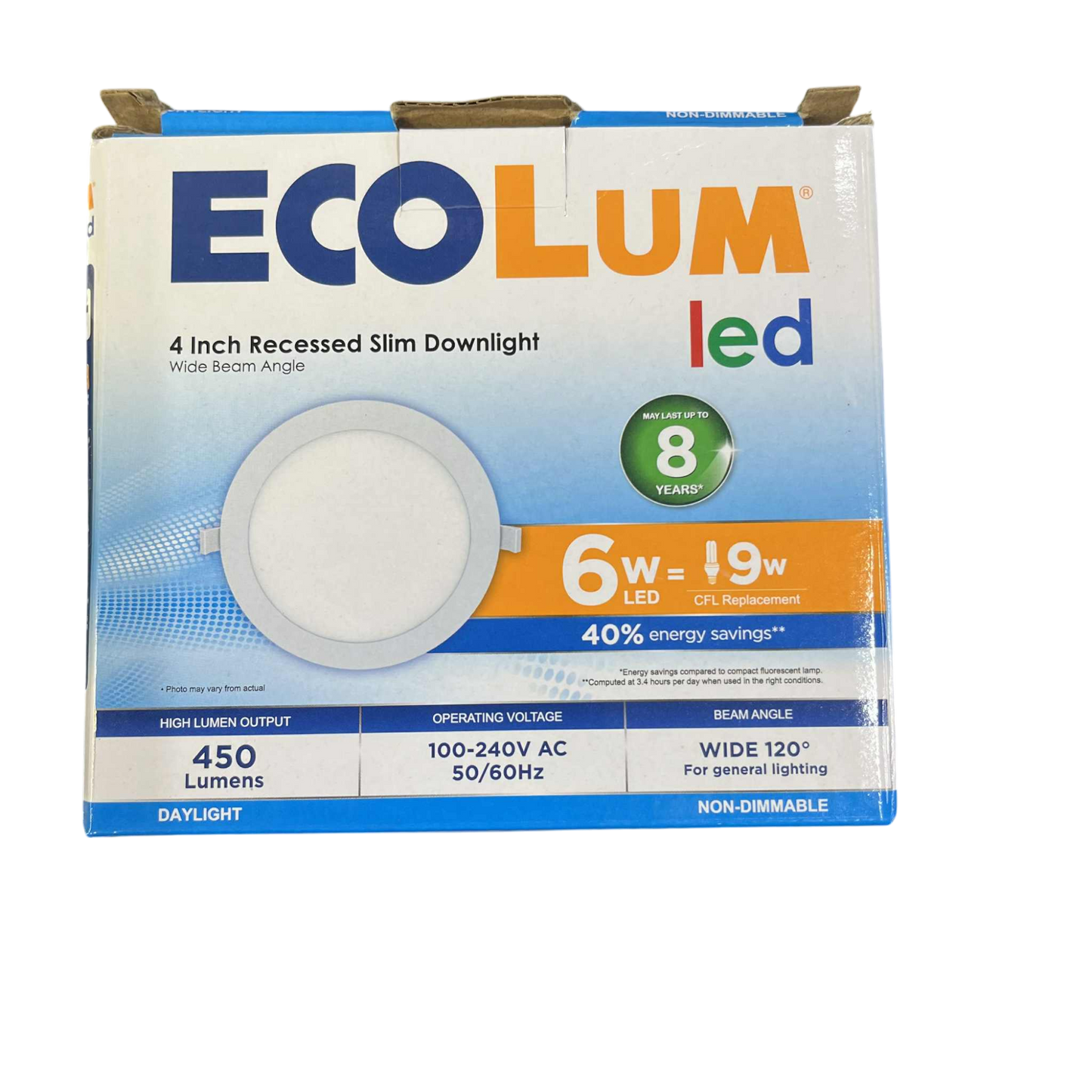 Ecolum 6W LED recessed slim downlight packaging with energy-saving features highlighted