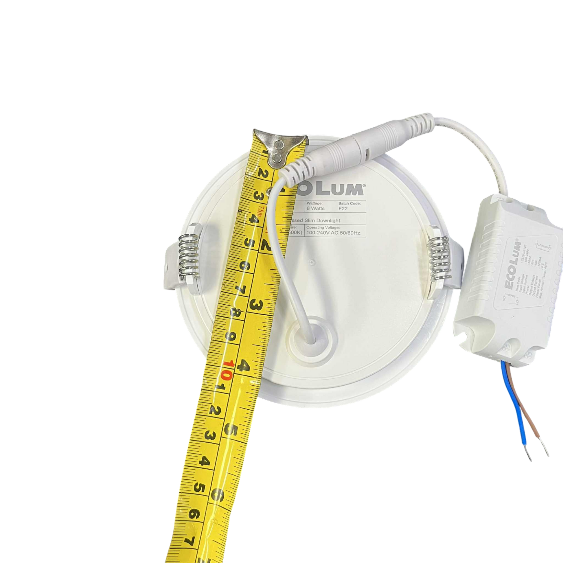 Ecolum 6W LED recessed slim downlight with measuring tape for installation reference