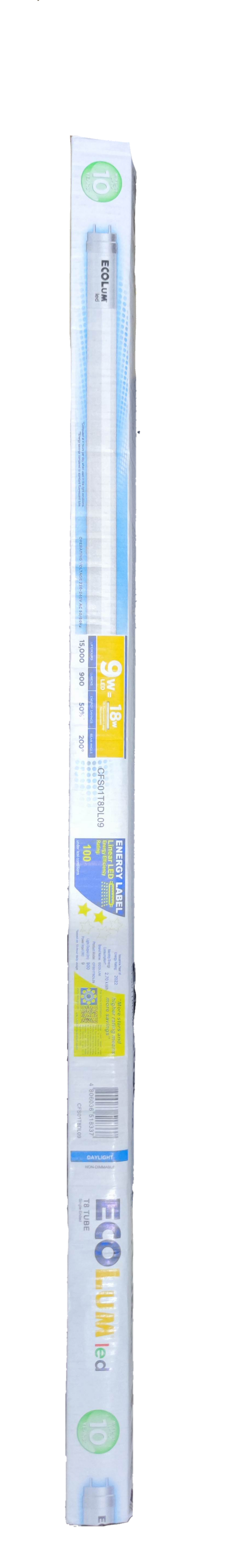 Ecolum 9W LED T8 fluorescent tube with energy-efficient design and bright lighting for various spaces