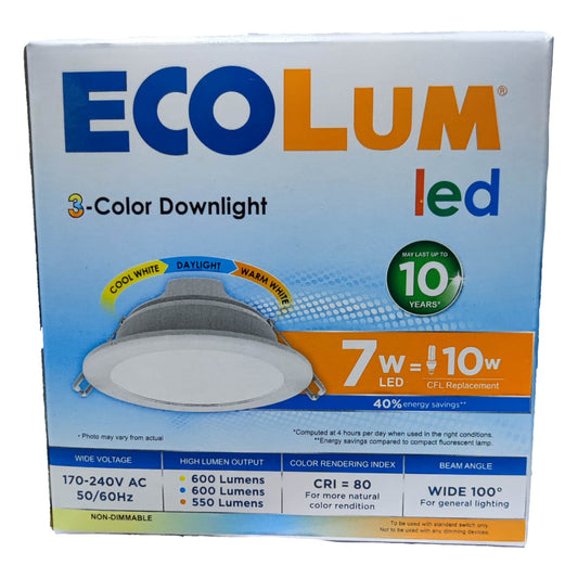 Ecolum 7W Tri Color LED Downlight 220V CDL223107TC Warm White 3000K , Daylight 6500K and Cool White 4000K Cut Hole Dia 90mm Face Dia Ø 113mm x Thickness 45mm