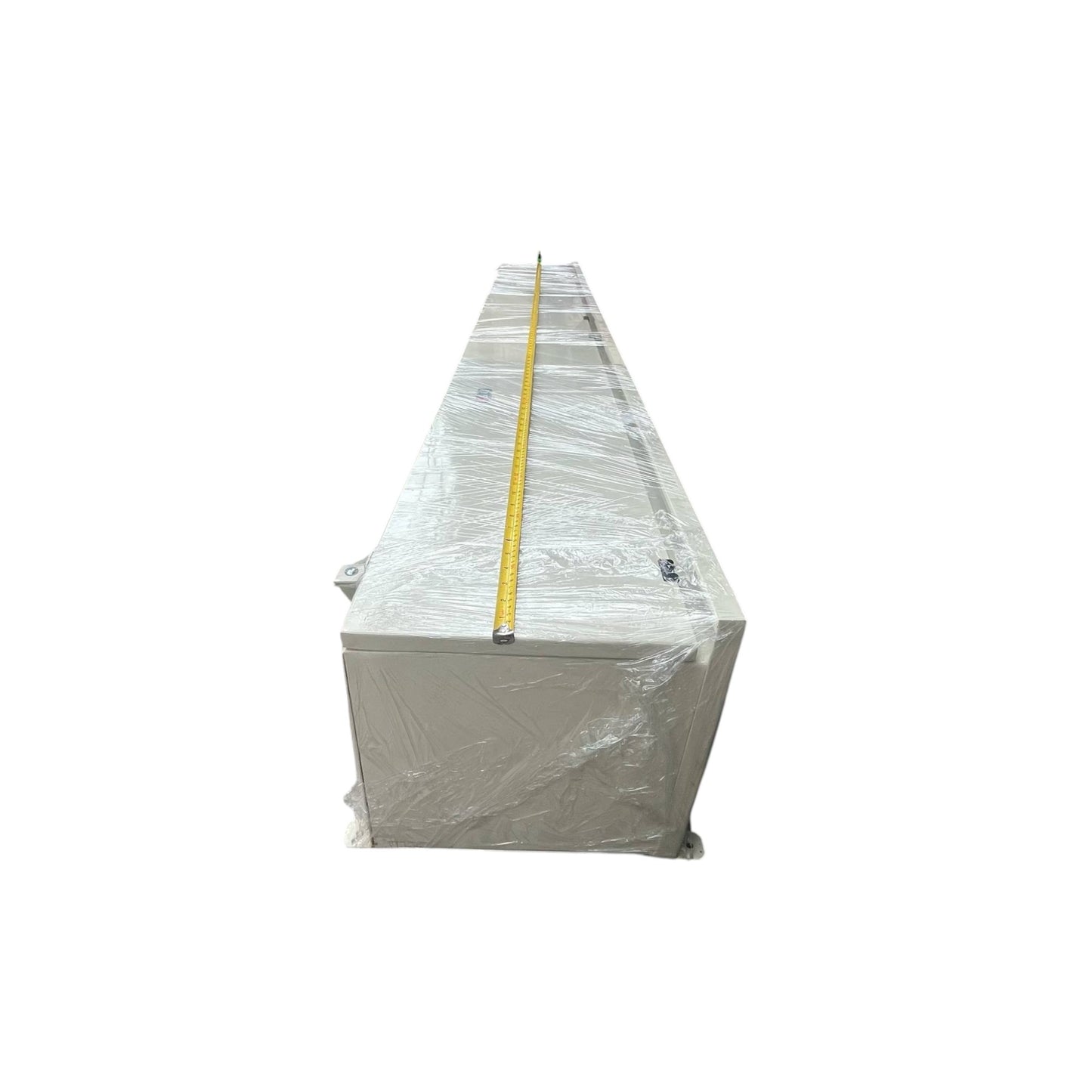 Long white metal Bus Bar Gutter 3 Phase 600AF wrapped in protective plastic with measuring tape