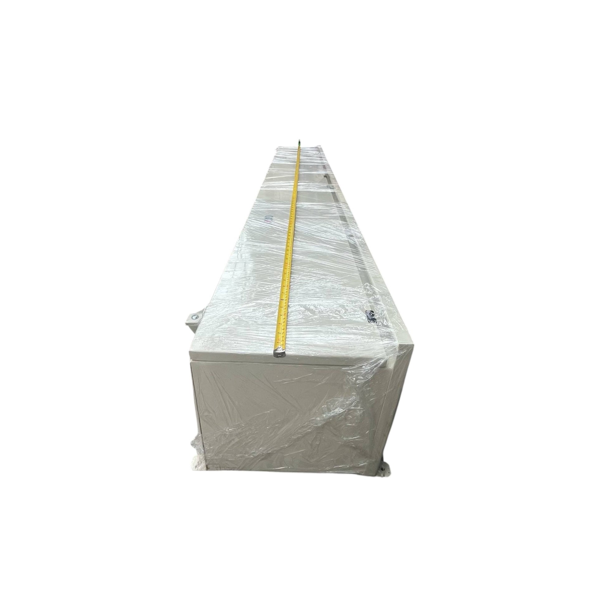 Long white metal Bus Bar Gutter 3 Phase 600AF wrapped in protective plastic with measuring tape