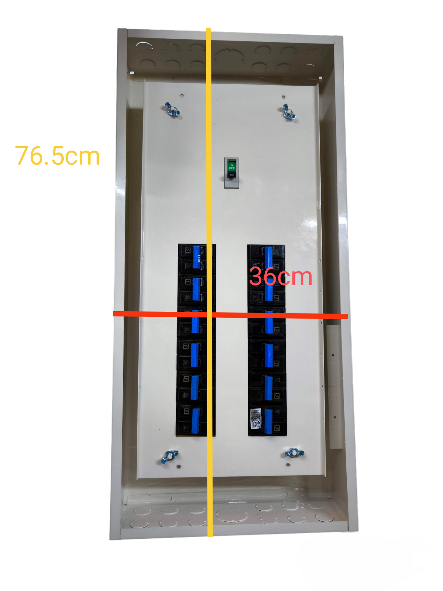 Koten 12 Branches 2 Pole HPH Bolt On Flush Type metal breaker panel with two vertical breaker rows and measurements