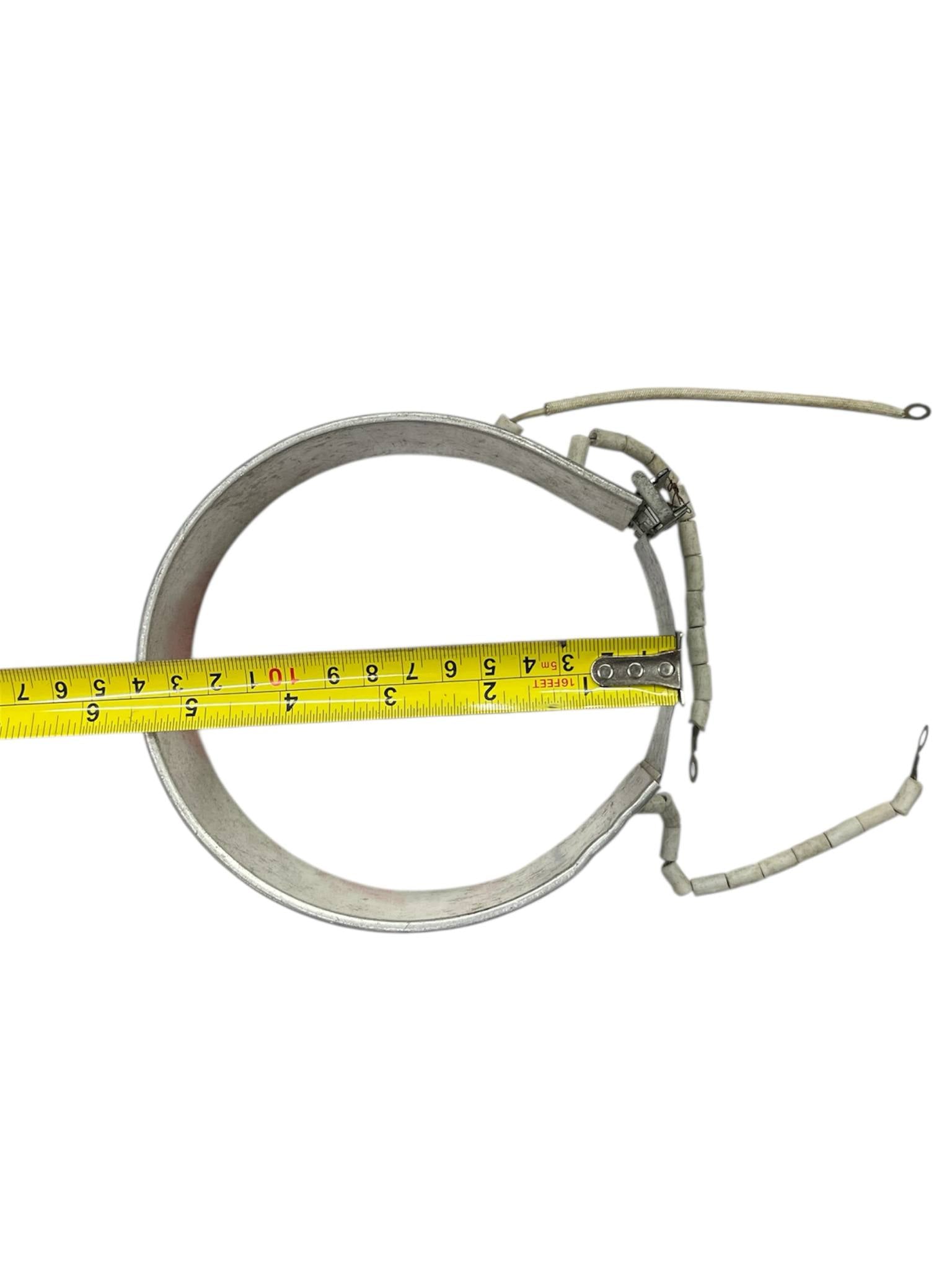 Electric Thermos Heating Element circular metal ring with attached wires and measuring tape