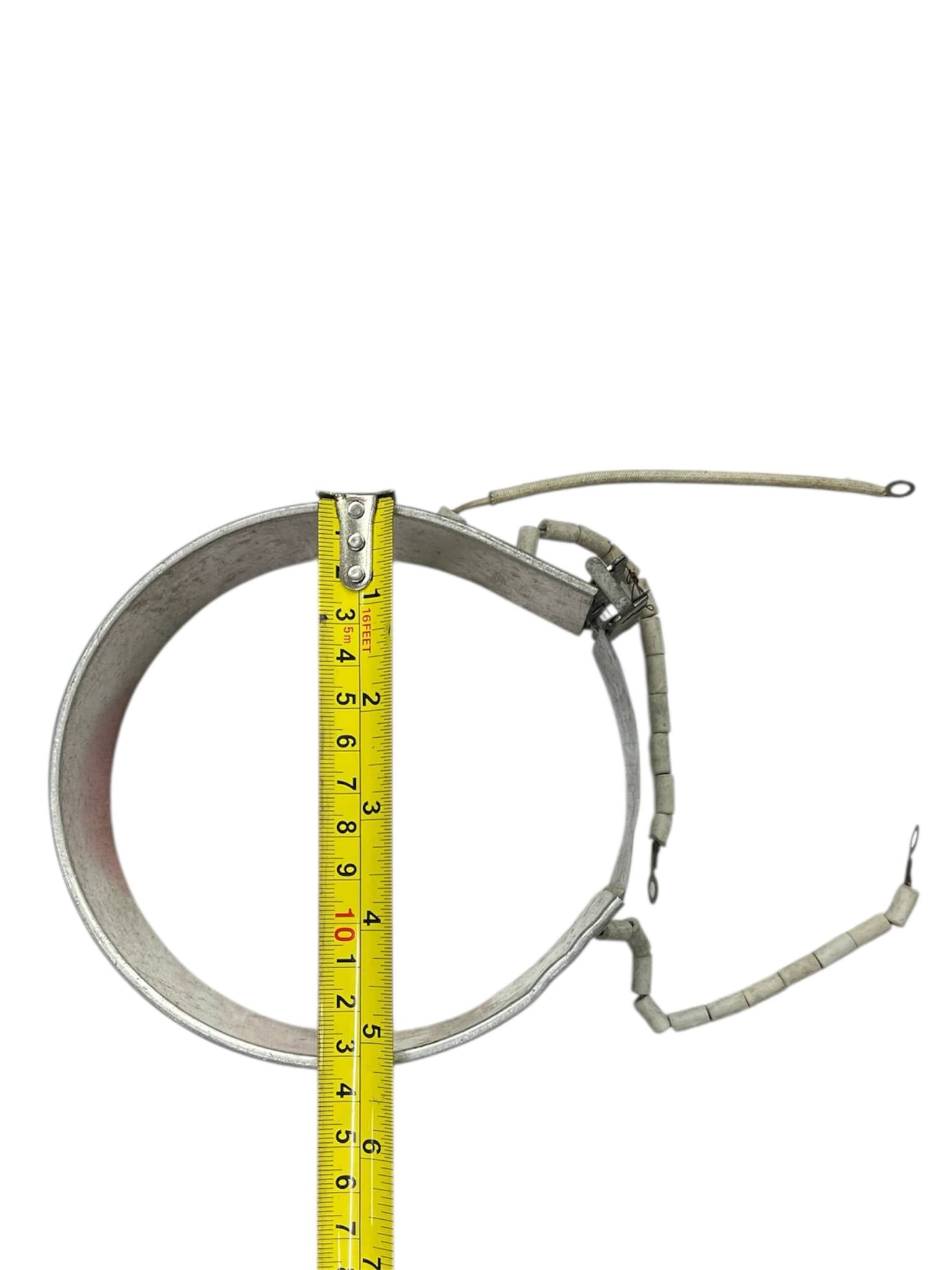 Electric Thermos Heating Element metal band with connected wires and measuring tape showing size