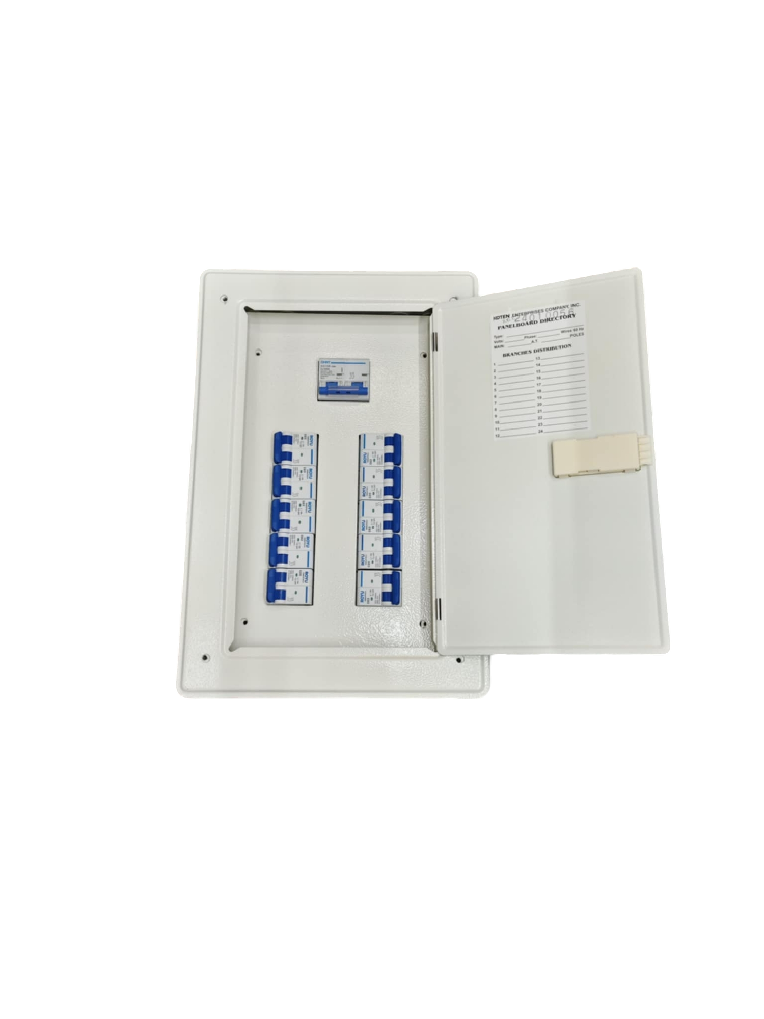 White metal electrical enclosure open showing circuit breakers Chint Koten Royu Panel Board 10 Branches with 125a 2P Main