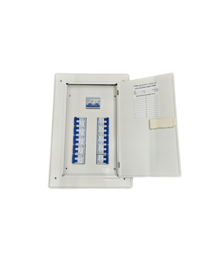 White metal electrical enclosure open showing circuit breakers Chint Koten Royu Panel Board 10 Branches with 125a 2P Main