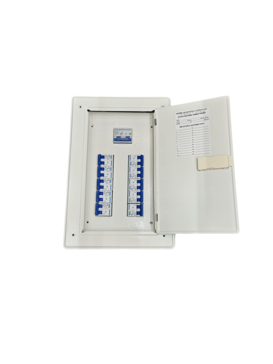 White metal electrical enclosure open showing circuit breakers Chint Koten Royu Panel Board 10 Branches with 125a 2P Main