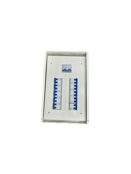 Panel Board 10 Branches with 125a 2P Main white metal distribution board with two rows of blue breakers by Chint Koten Royu