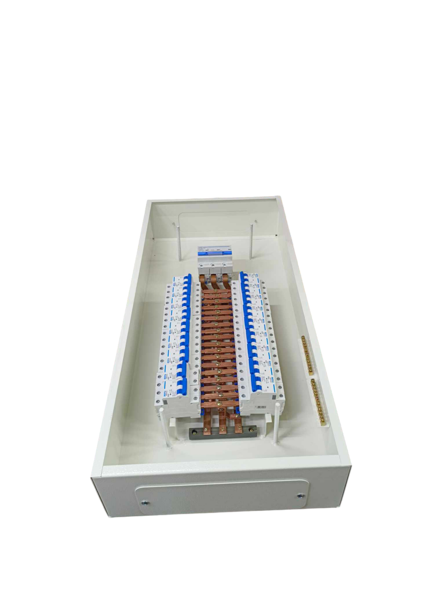 Chint and Royu distribution panel 18 branches Distribution with 125A 3 Phase showing copper busbars and breakers