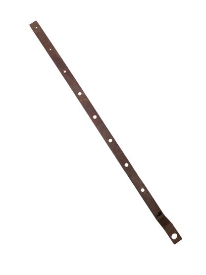 Long copper bus bar with holes and bend for electrical circuitry mounting flat strip with spaced bolt holes