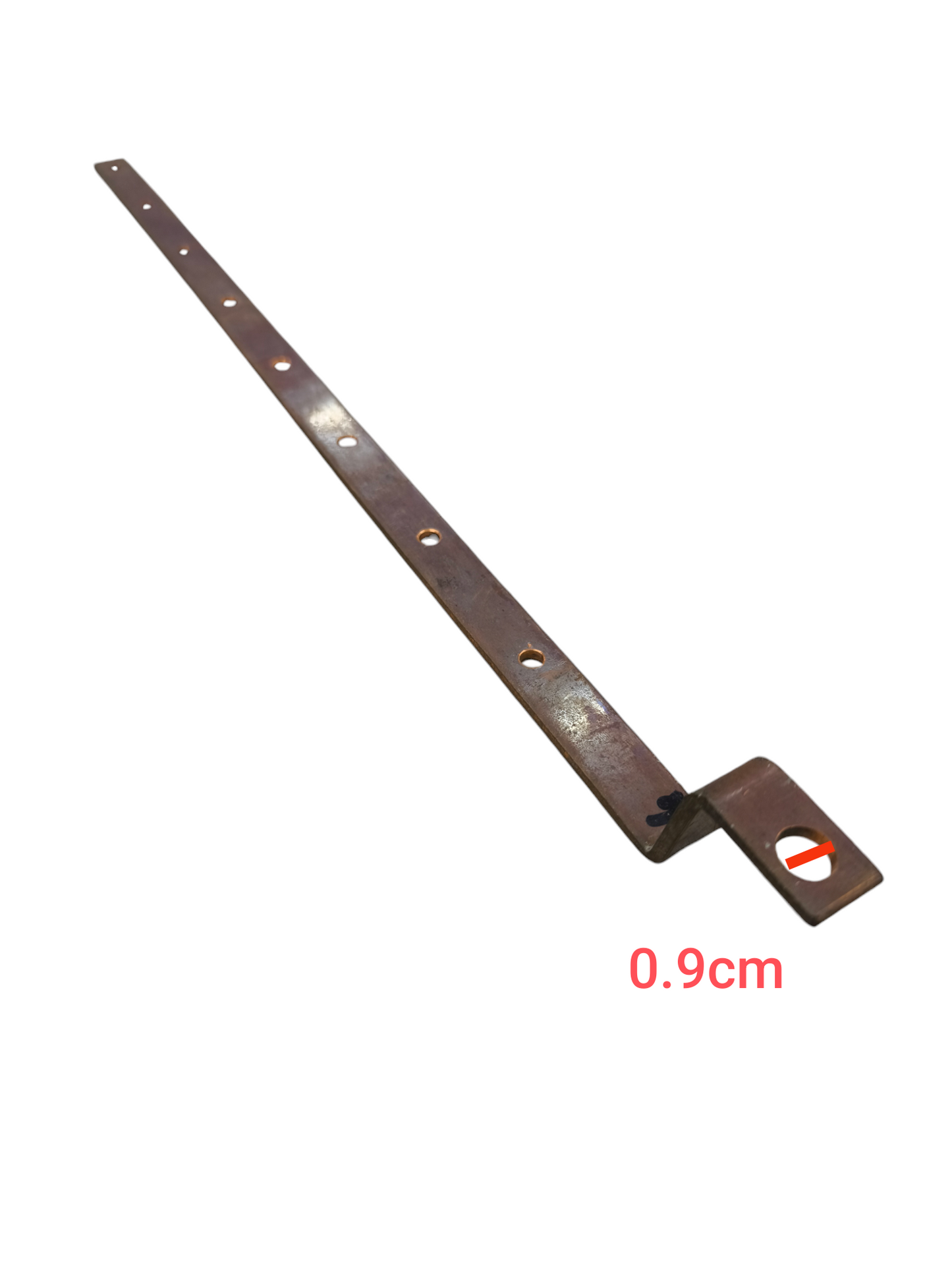 Local copper bus bar with holes and bend for electrical panels showing multiple drilled holes and mounting tab