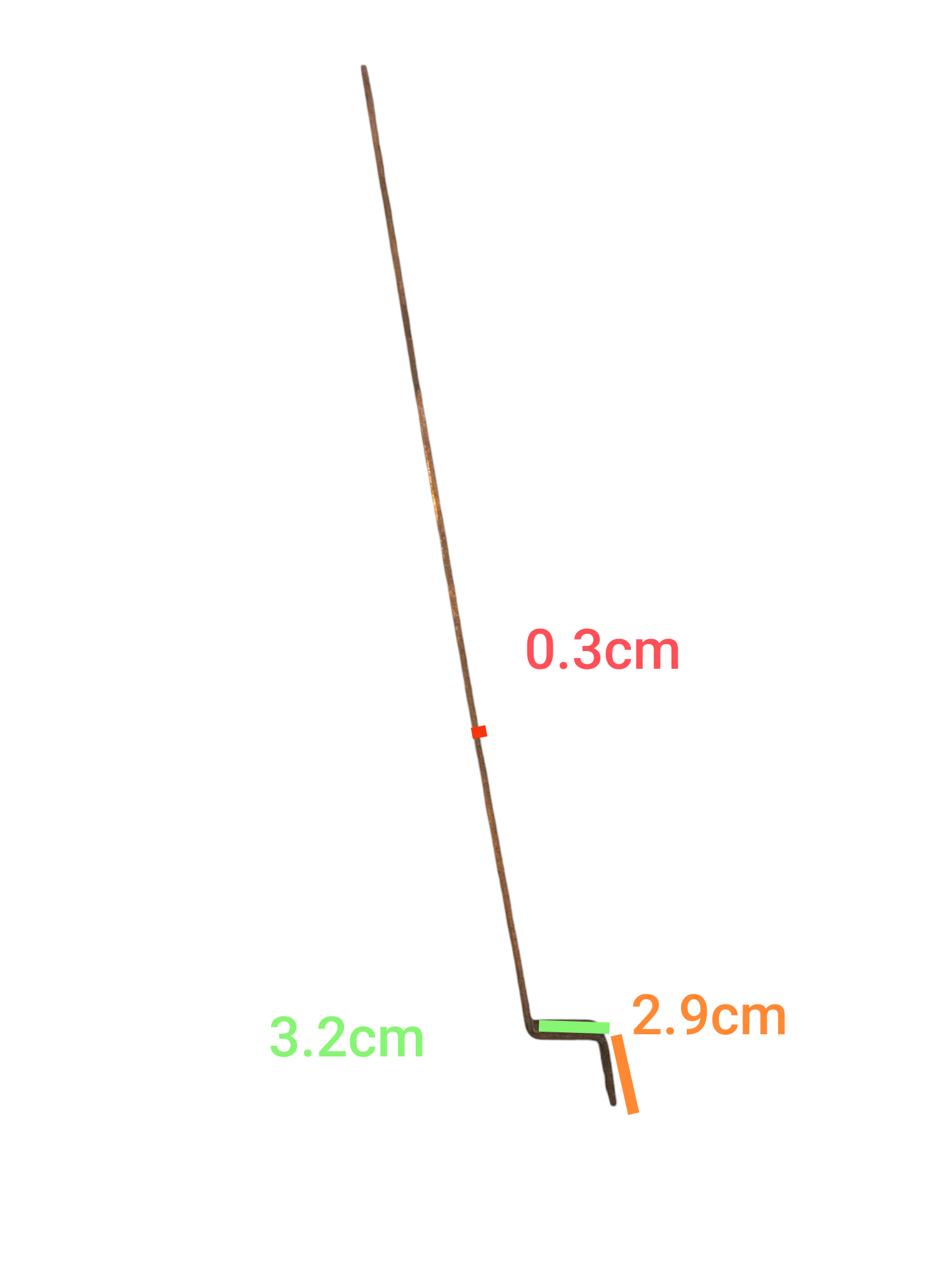 Local copper bus bar with holes and bend for compact electrical connections measuring 3.2cm and 2.9cm