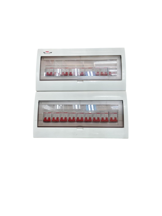 White Himel and ZY distribution panel with clear covers showing red switches miniature circuit breaker 36 ways