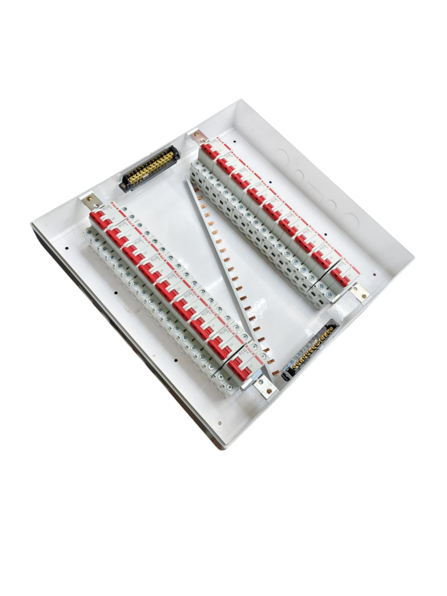 Himel and ZY electrical panel with two rows of red toggle breakers showing miniature circuit breaker 36 ways in metal enclosure