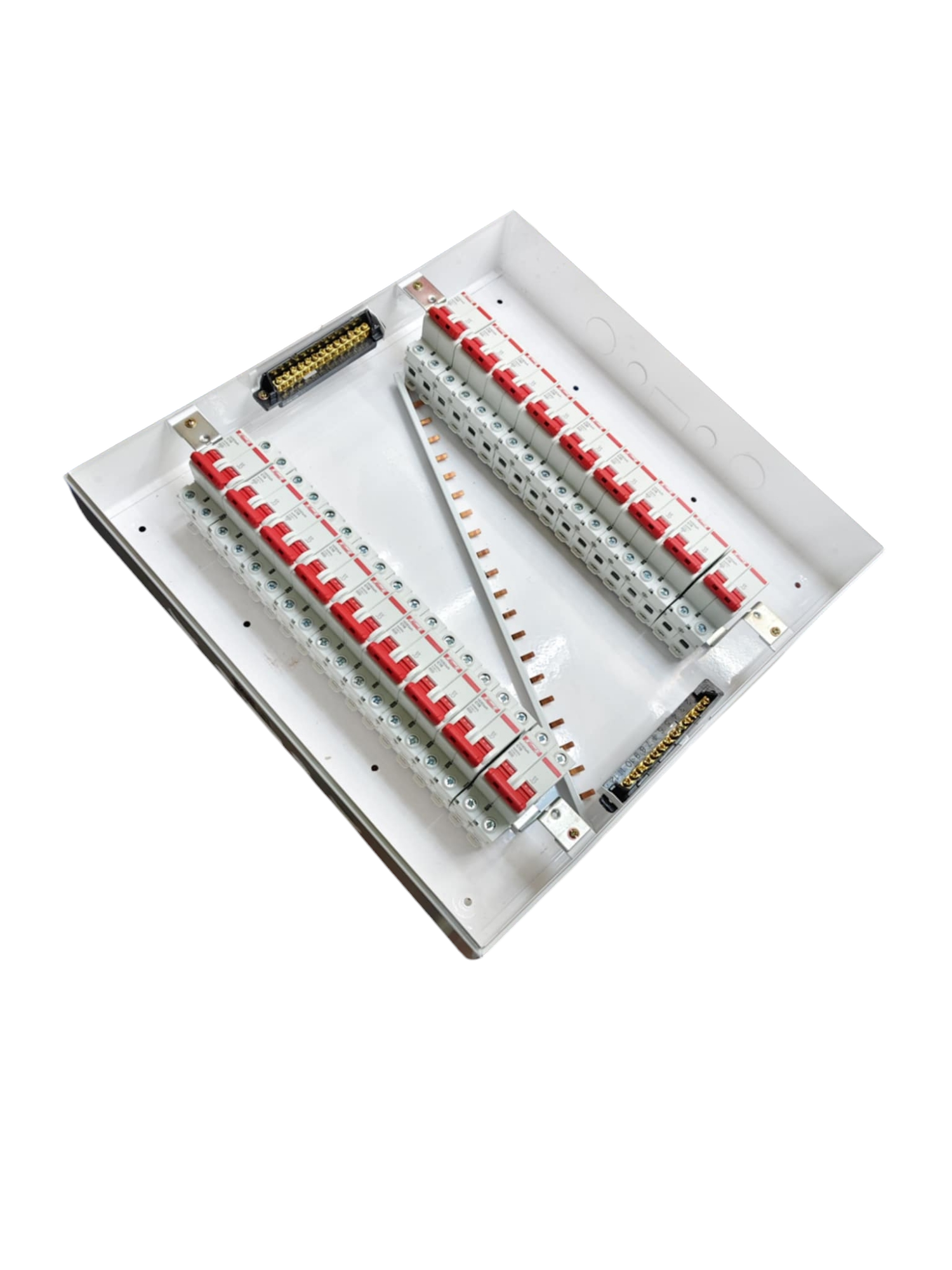 Himel and ZY electrical panel with two rows of red toggle breakers showing miniature circuit breaker 36 ways in metal enclosure