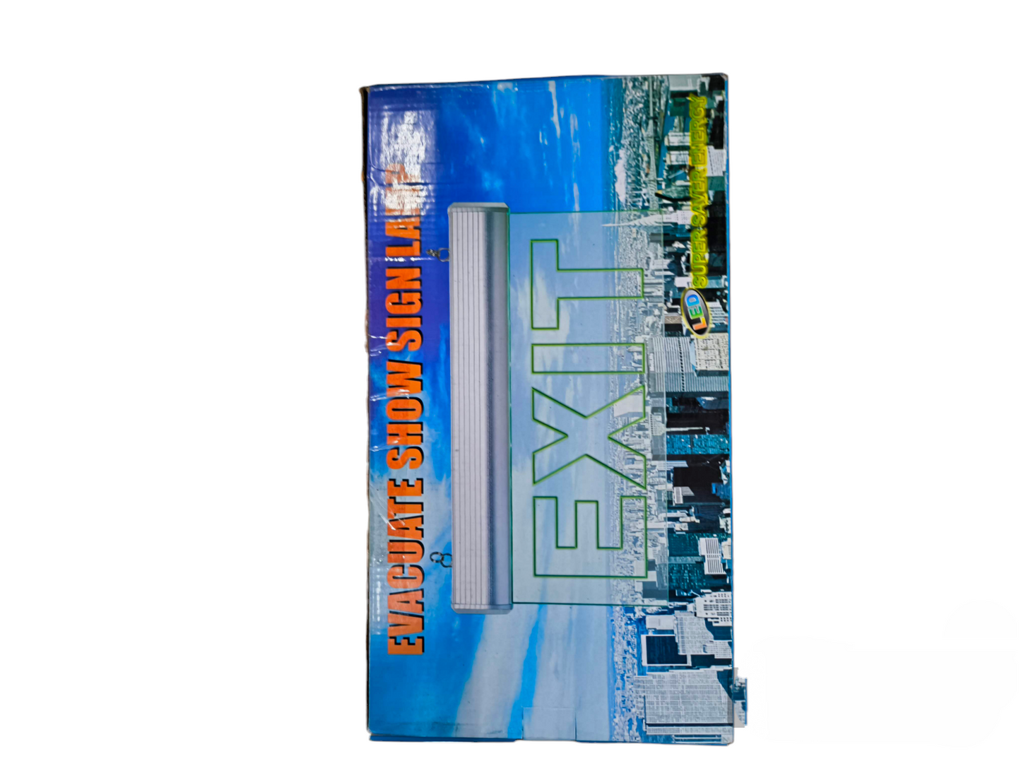 Denko EXIT Sign Acrylic Green 220V packaged box showing green acrylic EXIT graphic and city skyline