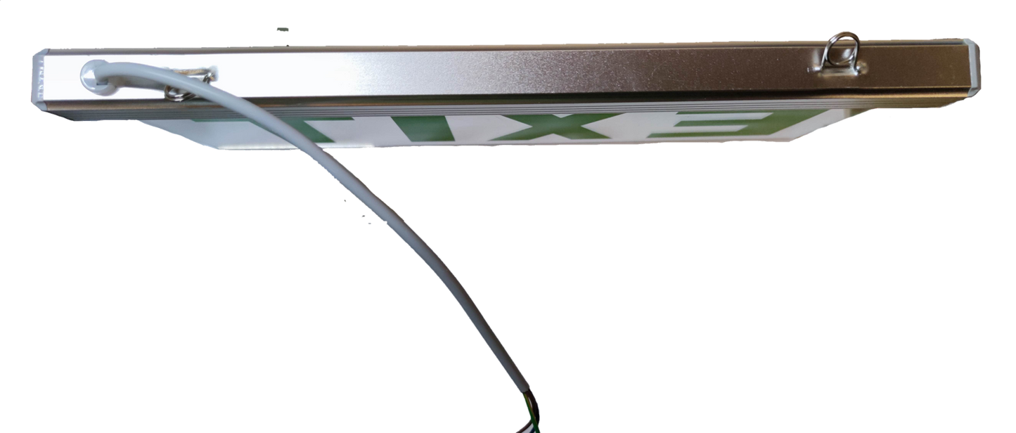 Denko EXIT Sign Acrylic Green 220V side view showing metal frame hanging eyelet and power cable on black background