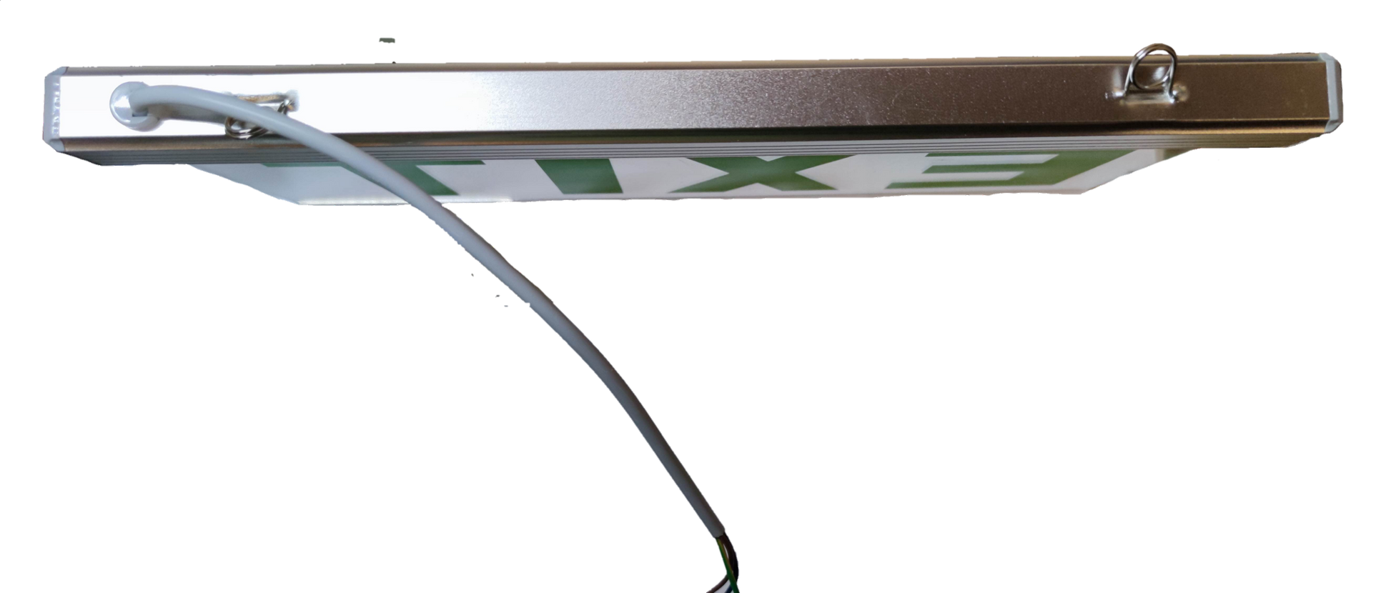 Denko EXIT Sign Acrylic Green 220V side view showing metal frame hanging eyelet and power cable on black background