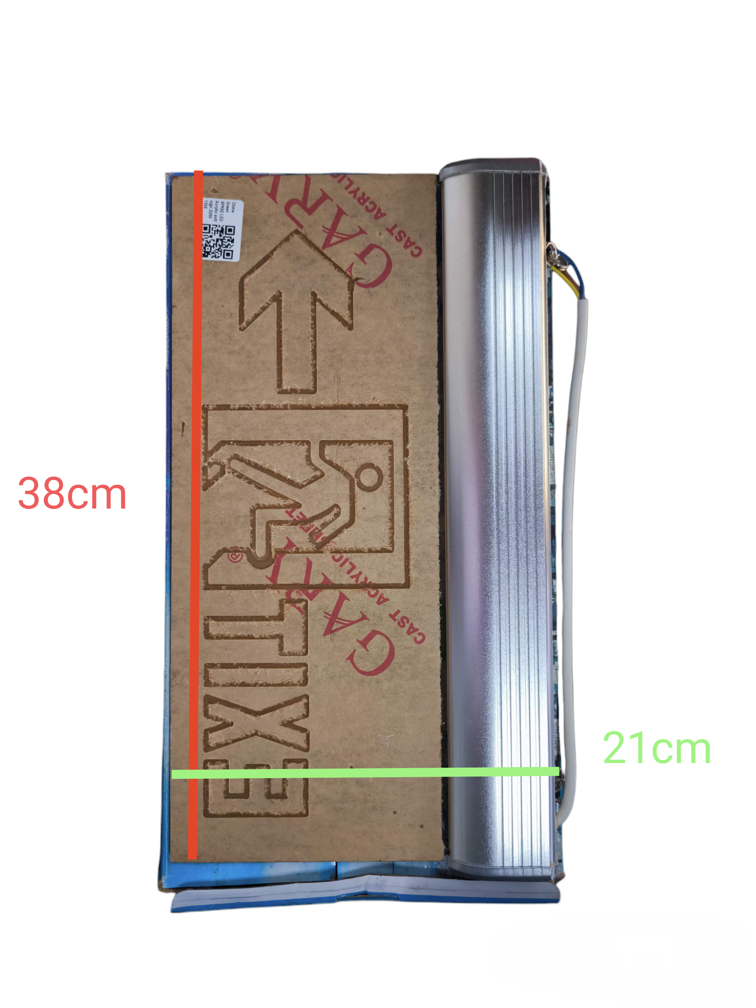 Denko EXIT Sign Acrylic Green 220V packaged cardboard exit sign with arrow aluminum housing and exposed wiring