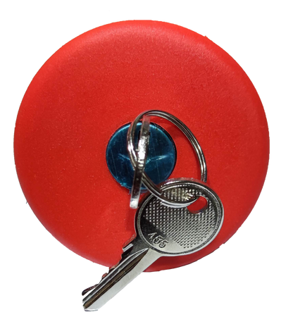 Sassin red emergency push button key to unlock with attached silver key on black background