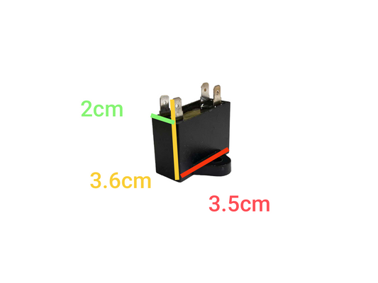 Fan capacitor 1.2uF 450V black electrical component with metal terminals and dimensions labeled