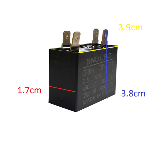 Enduro Fan capacitor 450V square in black measuring 3.9cm by 1.7cm for electrical circuits
