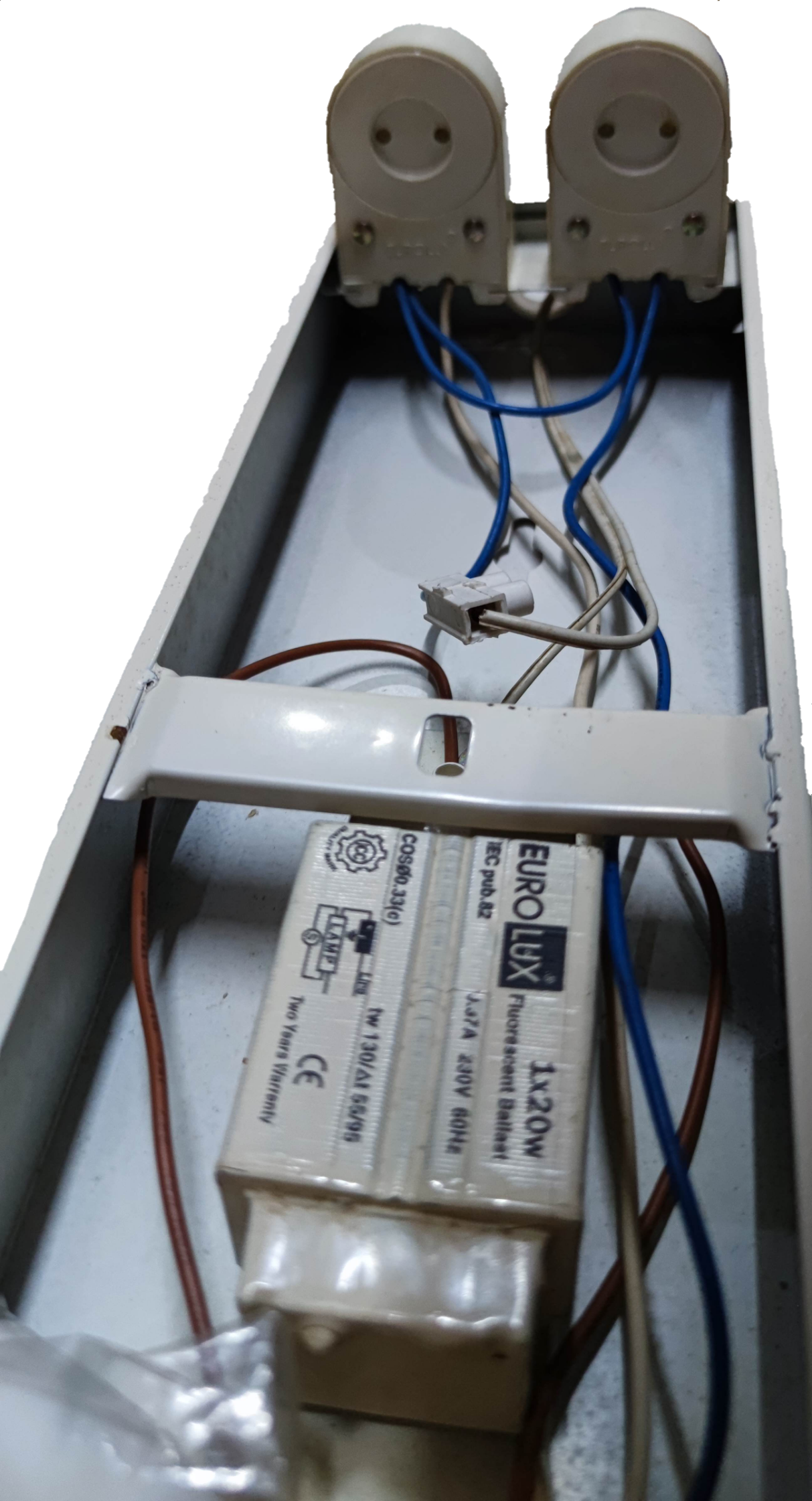Eurolux 2x20W Fluorescent Fixture Box type lighting installation with wiring and lamp holders
