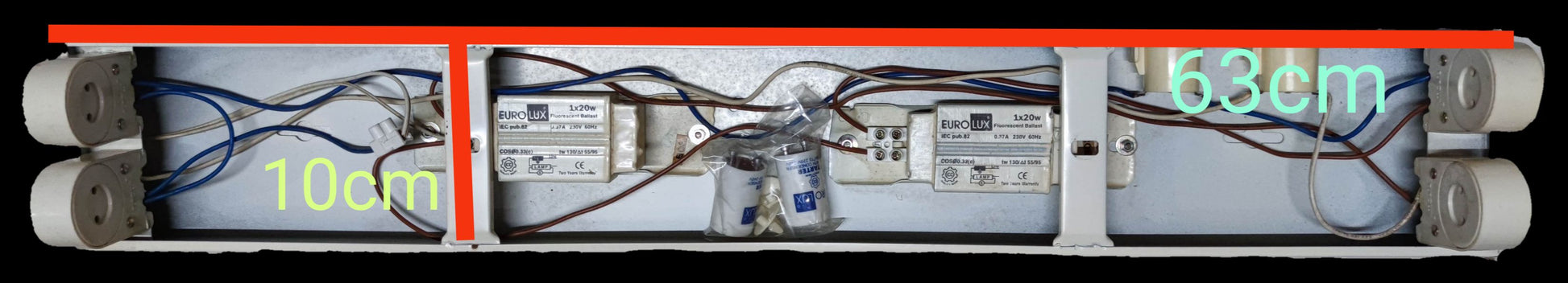 Eurolux 2x20W Fluorescent Fixture Box type lighting installation with wiring and end caps