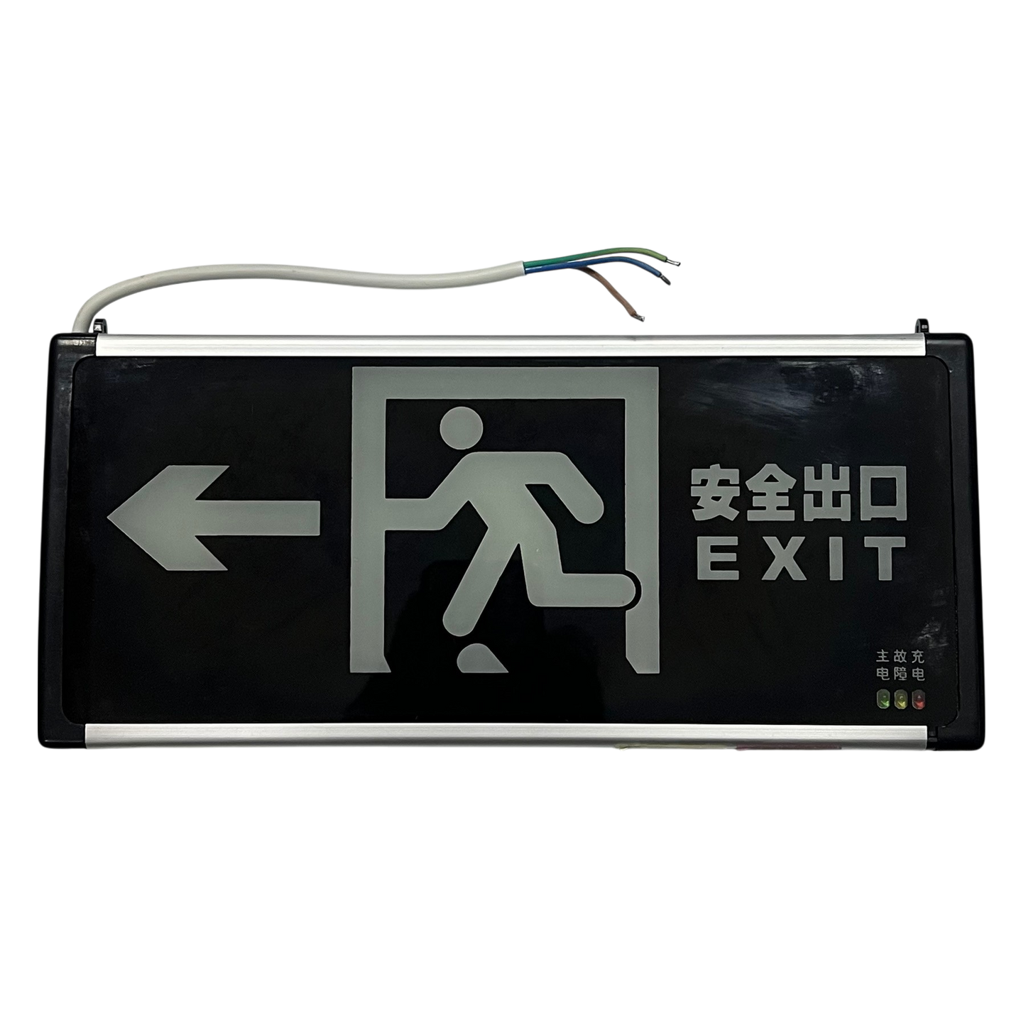Exit Sign Double Face Running Man with left arrow in black and white safety light