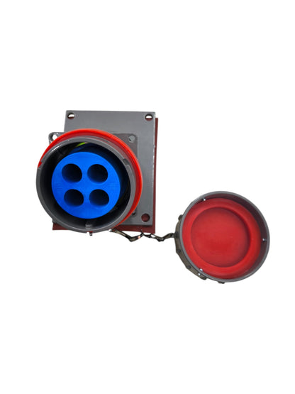 Grippes explosion proof industrial outlet with four blue sockets and protective cover for safe electrical connections