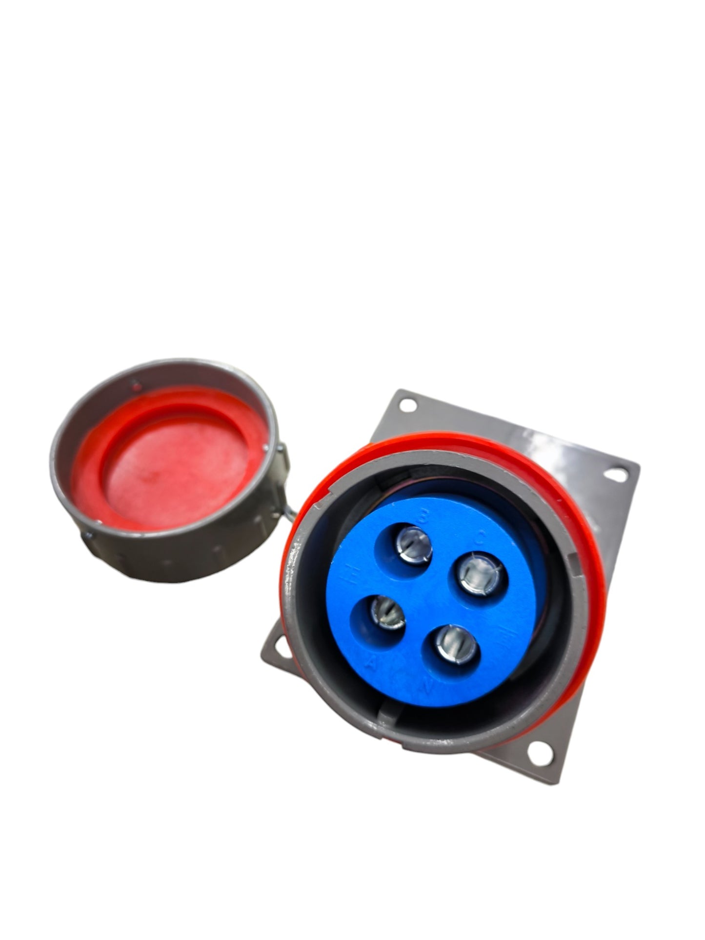 Grippes explosion proof industrial outlet with blue connectors and protective cover for safe electrical connections