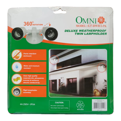 Omni Outdoor Weatherproof Heavy Duty Lamp Holder 2 x E27 Twin Head 6A 250V E27-DWH/2-PK