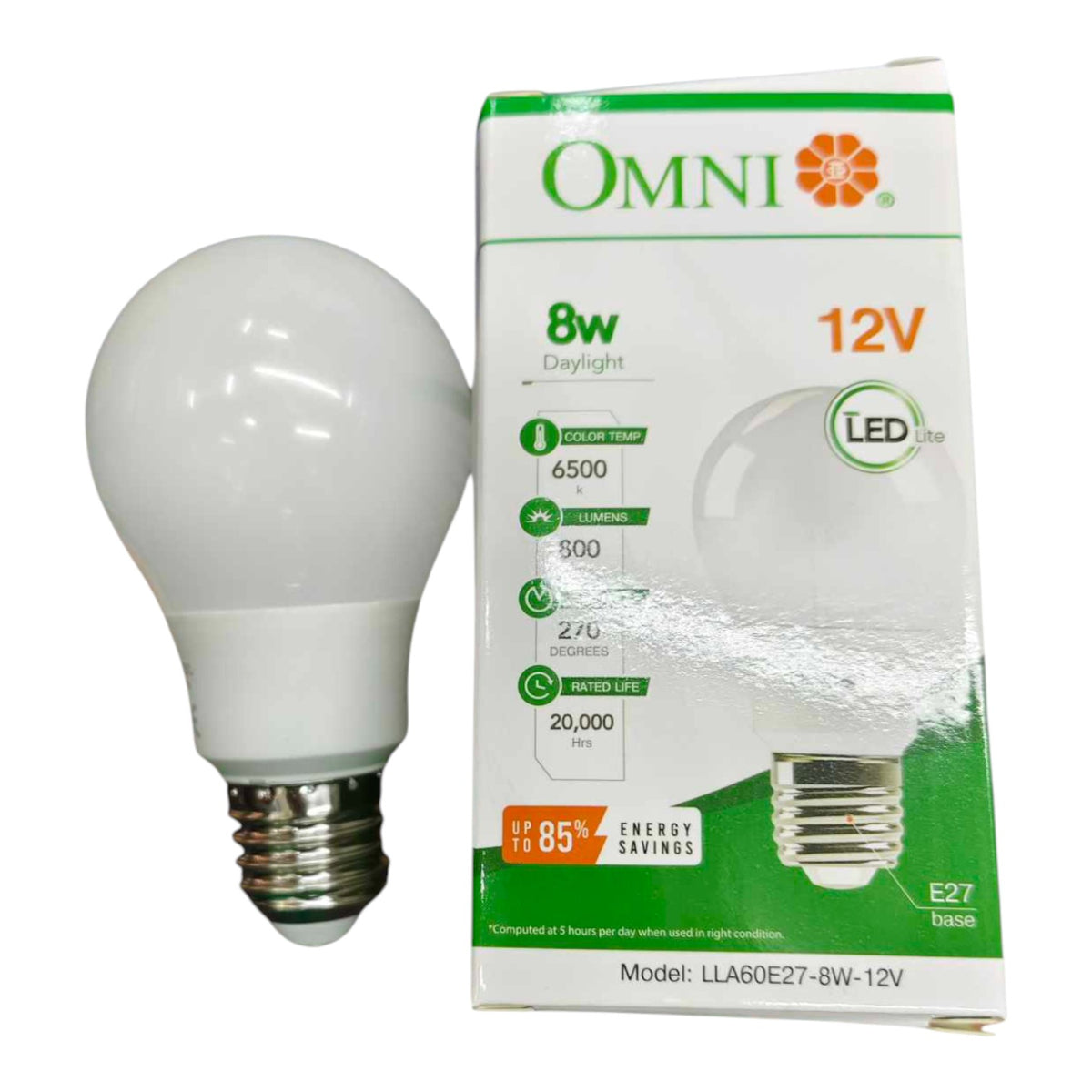 Omni 8W LED Bulb E27 12V DC ( Need Battery to Operate) LLA60E27-8W-12V