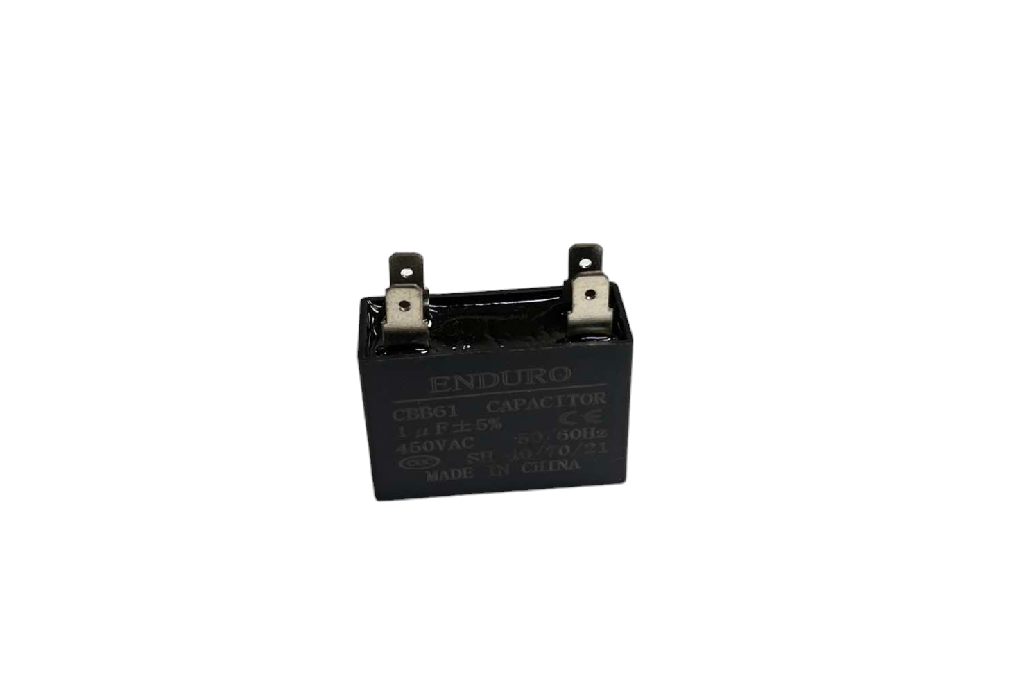 Fan capacitor 450V Square Type for electrical circuitry and parts with two terminal connectors.