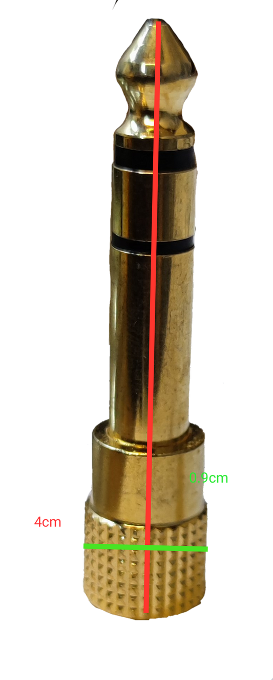 Gold-plated female stereo connector for PL55, showcasing four cm length and detailed design.