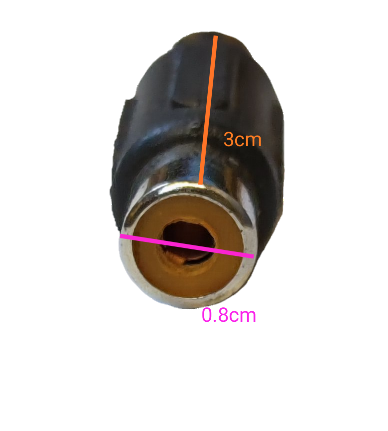 Close-up of a female to female RCA connector showing dimensions of 3cm and 0.8cm