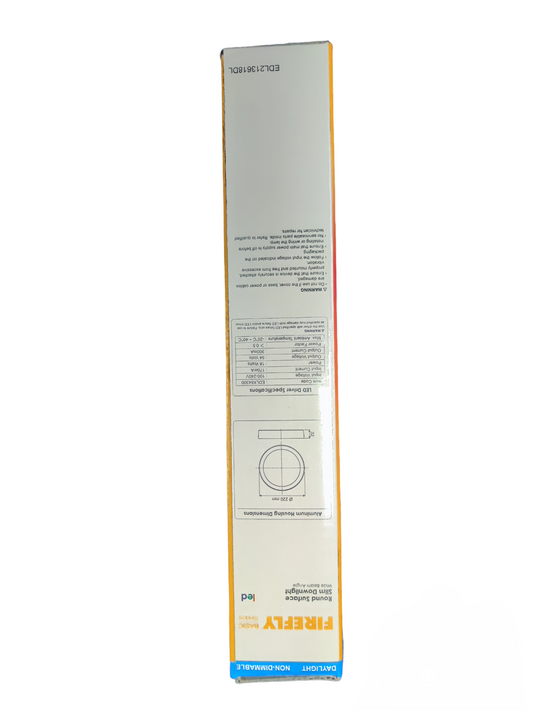 Firefly 18W LED downlight 220V Daylight 6500K packaging showing product specifications and design details