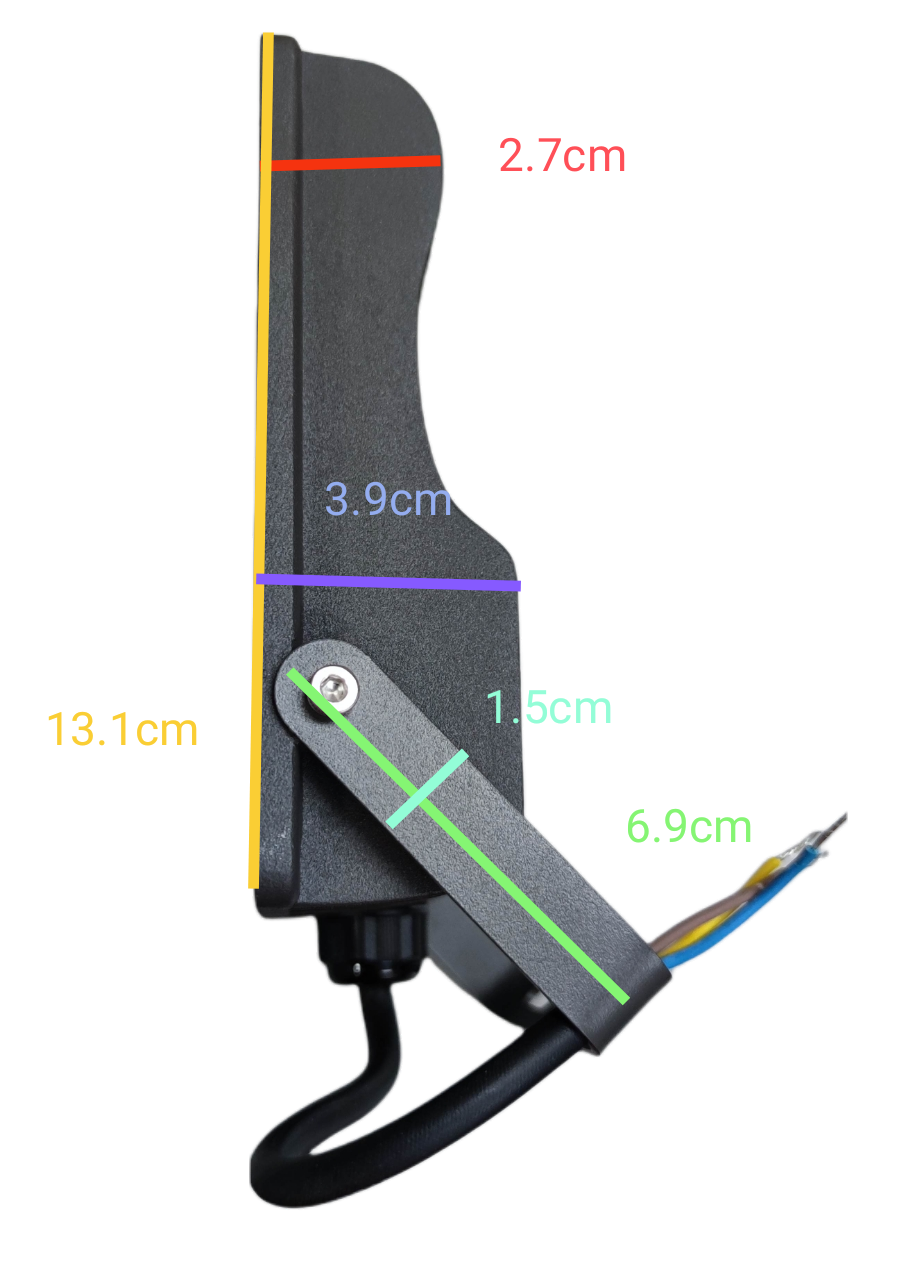 Firefly 220V LED outdoor flood light with detailed dimensions for installation and use